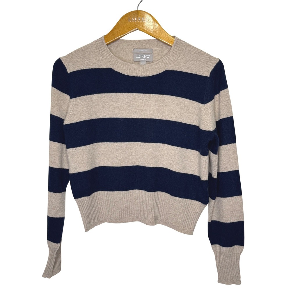 J. Crew Cropped Cashmere Sweater Navy/Oatmeal Stripe Small